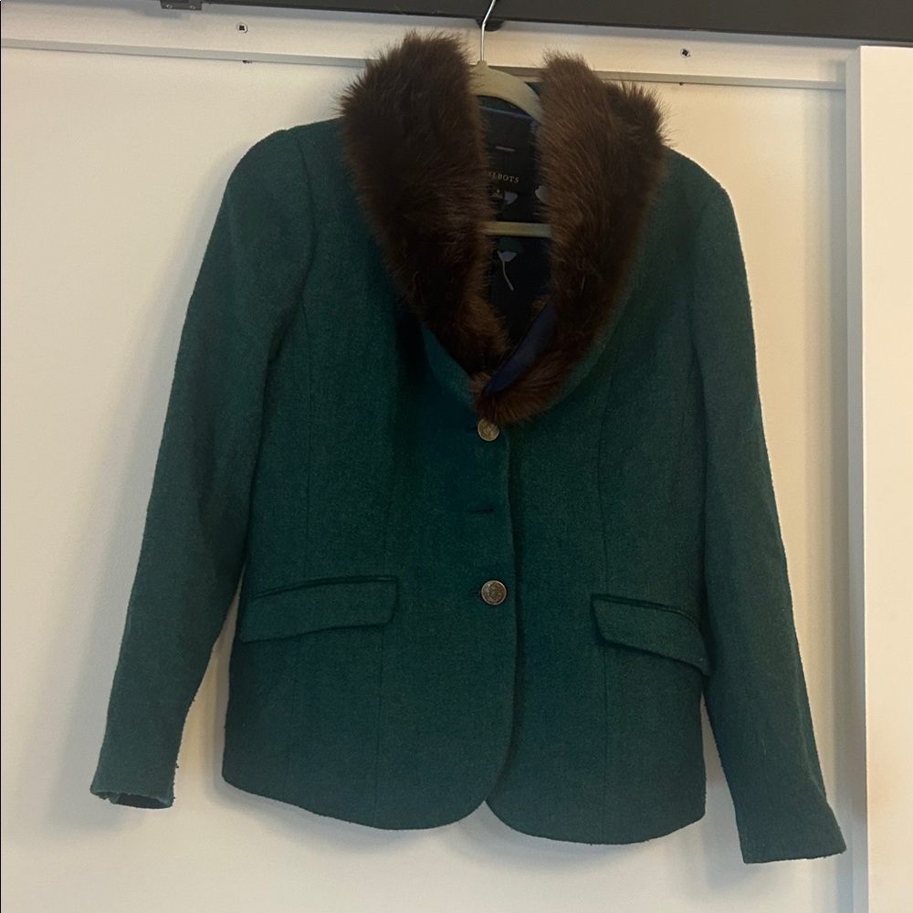Talbots Teal Blazer with Faux Fur Collar